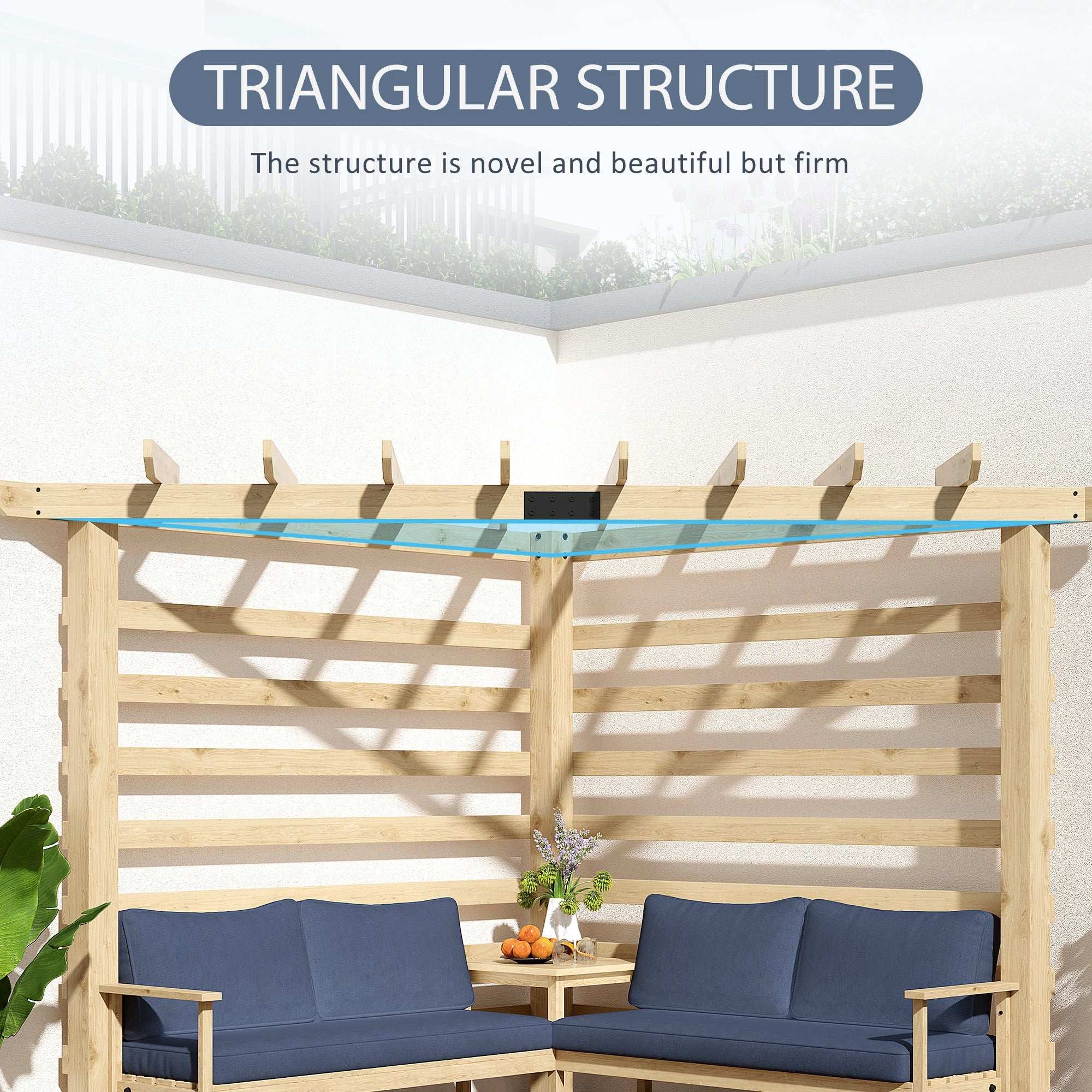 Outsunny 9' x 9' Corner Pergola with Conversation Set and Cushions, Fir Wood Outdoor Pergola with End Table, Natural and Blue - Majic Backyard