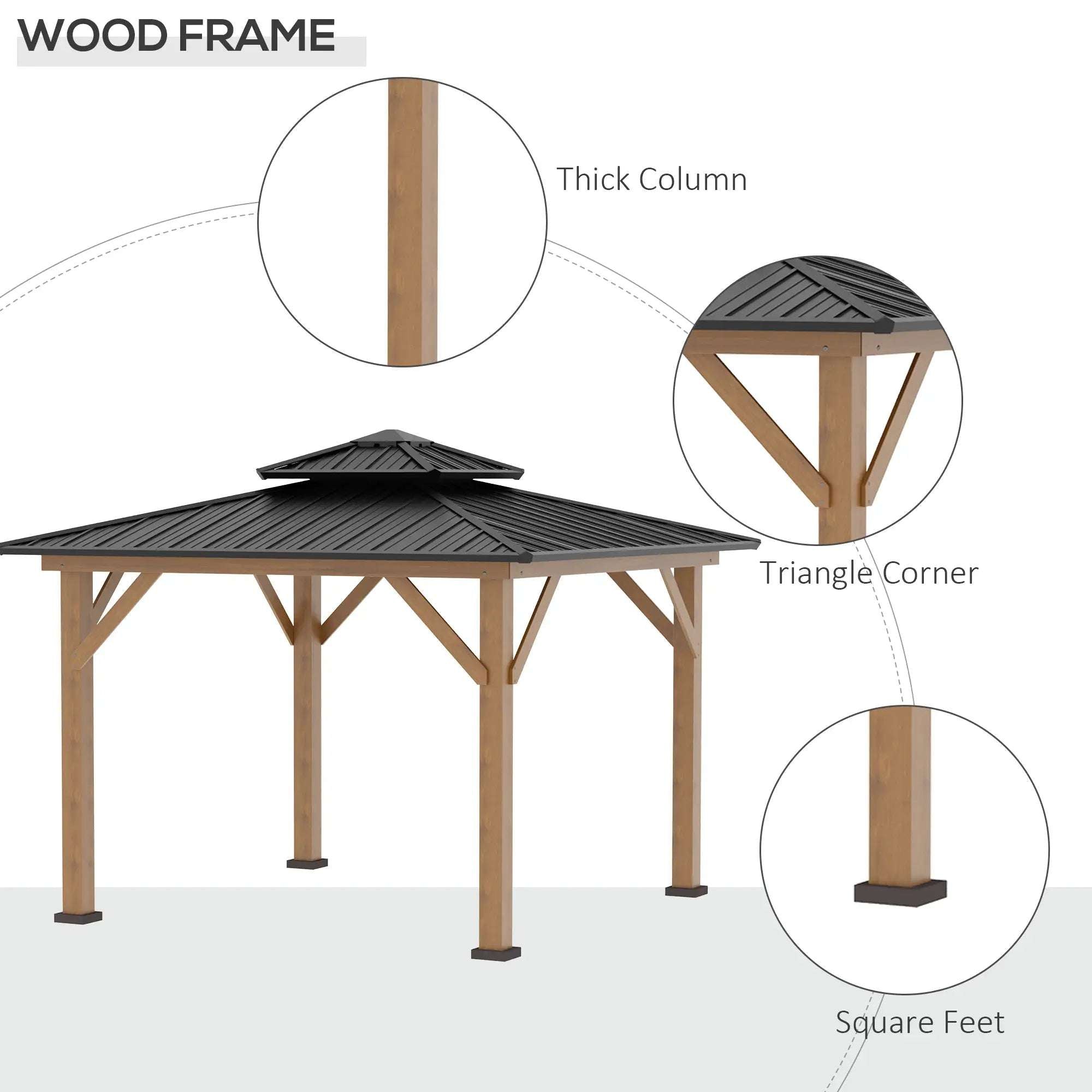 Outsunny 11' x 11' Wood Frame Hardtop Gazebo Galvanized Steel Canopy Outdoor Shelter with Double Vented Roof for Garden, Lawn, Poolside, Black - Majic Backyard