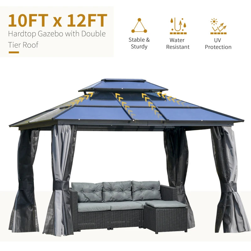 Outsunny 10'x12' Hardtop Patio Gazebo Aluminum Gazebo Canopy with Double Tier Roof, Curtains, Netting Sidewalls, Black & Grey