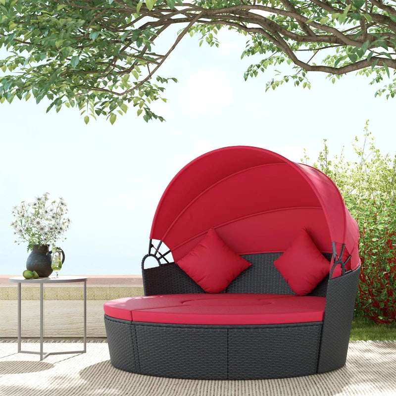 Outsunny 4 Pieces Outdoor Daybed with Retractable Canopy, PE Rattan Wicker Round Sofa Day Bed, Patio Sectional Conversation Furniture Set with Cushions and Pillows - Majic Backyard