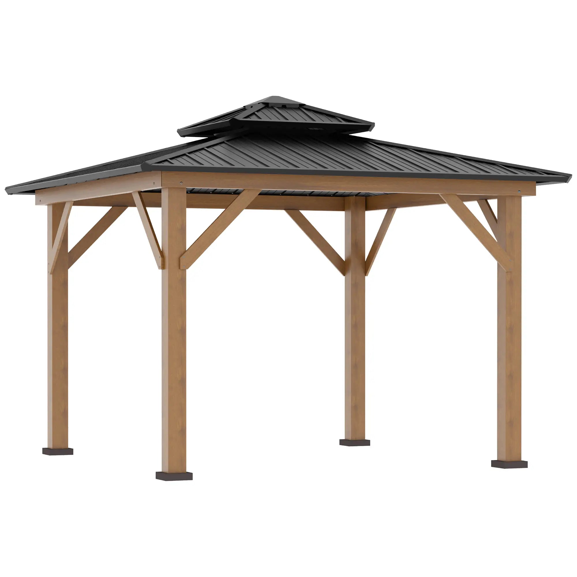 Outsunny 11' x 11' Wood Frame Hardtop Gazebo Galvanized Steel Canopy Outdoor Shelter with Double Vented Roof for Garden, Lawn, Poolside, Black - Majic Backyard