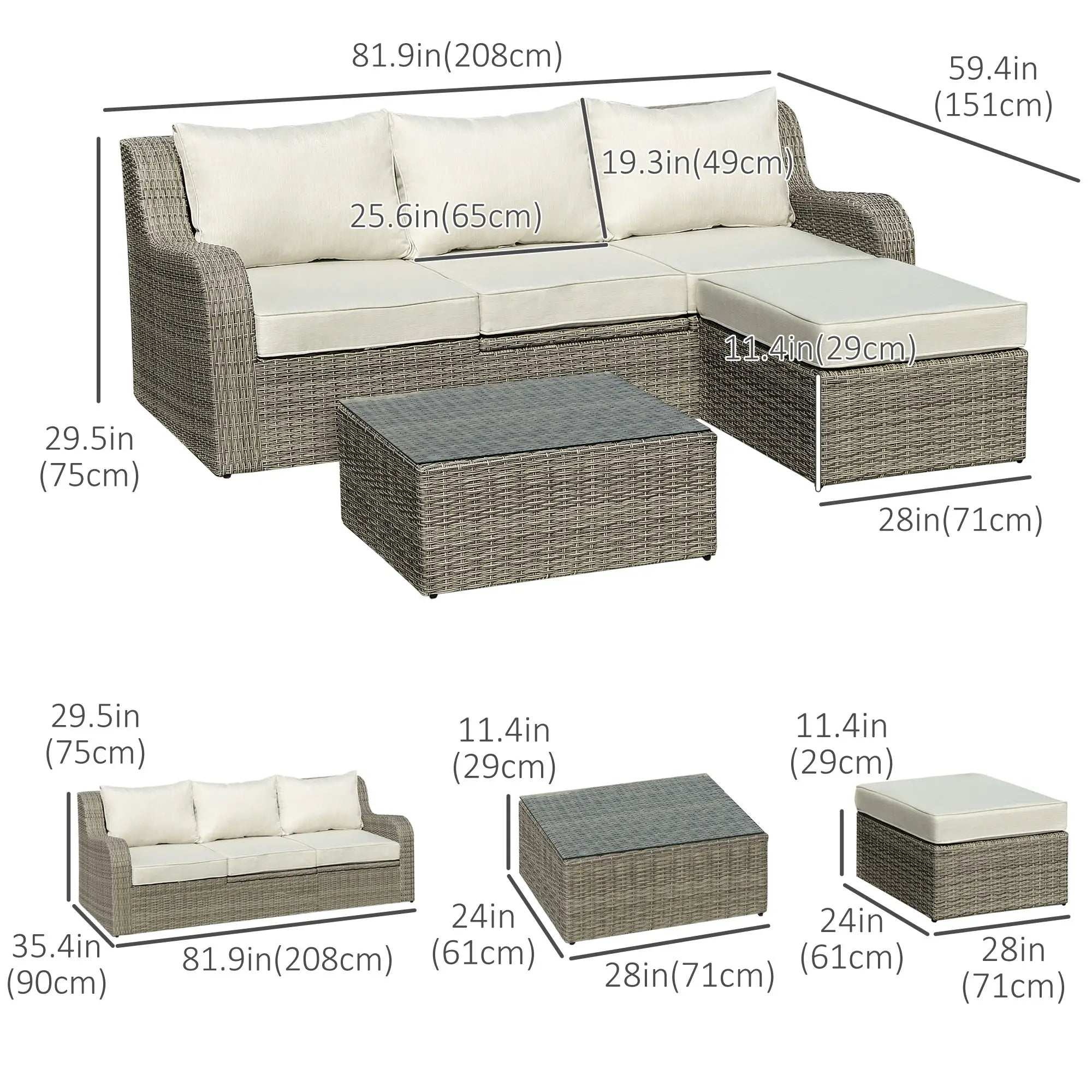 Outsunny 3 Pieces Wicker Patio Furniture Set with Liftable Middle Table, Aluminum Frame Full Assemblied Outdoor Sectional Conversation Sofa Set with 4" Thick Padded Cushions, Beige - Majic Backyard