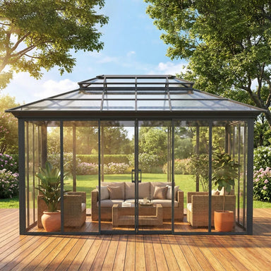 Outsunny Outsunny 12' x 14' Hardtop Gazebo Canopy with Polycarbonate Roof, Aluminum Frame, Netting and Curtains, Brown - Majic Backyard