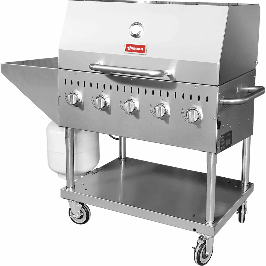 Omcan Stainless Steel Propane Outdoor BBQ Grill with 5 Burners, Top and Side Shelf and Roll Dome, 80000 BTU - Majic Backyard