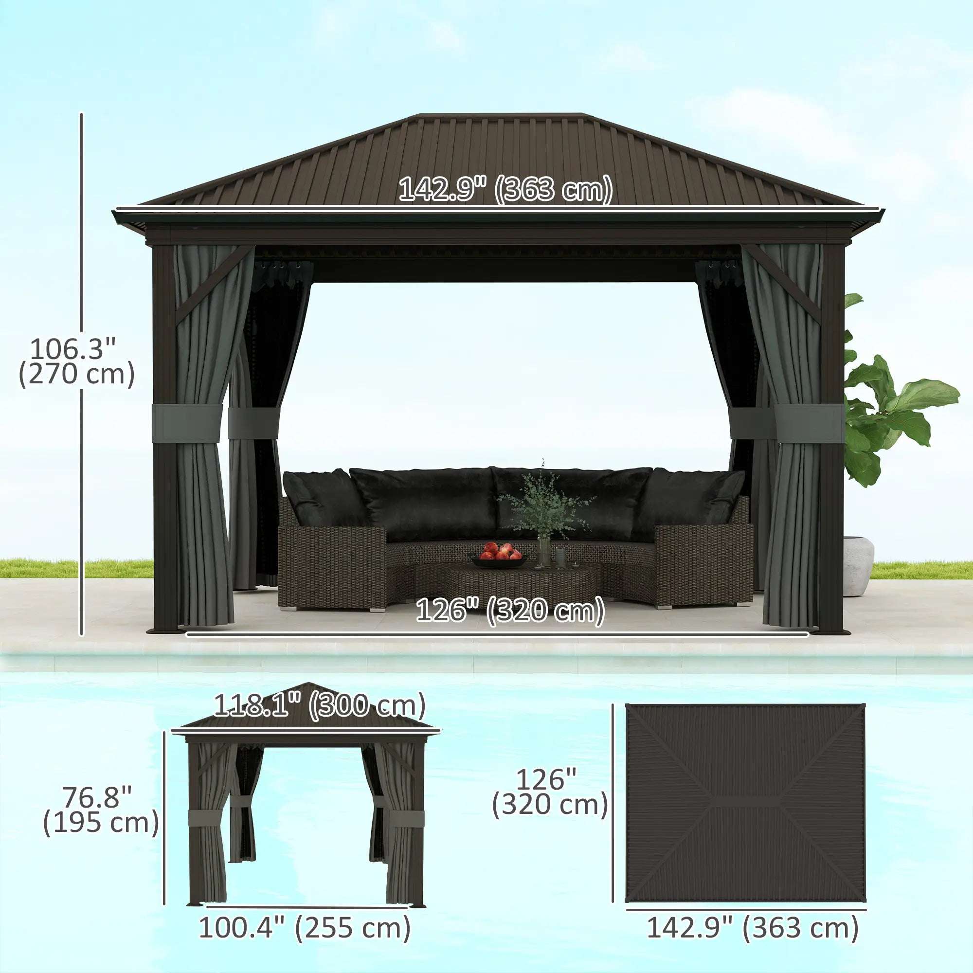 Outsunny 10' x 12' Outdoor Hardtop Gazebo Metal Roof Patio Gazebo with Aluminum Frame, Mesh Nettings, Dark Grey - Majic Backyard