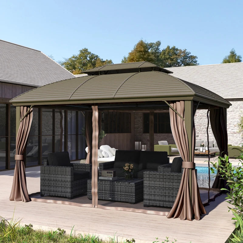 Outsunny 10' x 12' Hardtop Gazebo Canopy with Double Roof, Netting and Curtains for Garden, Backyard, Deck, Coffee