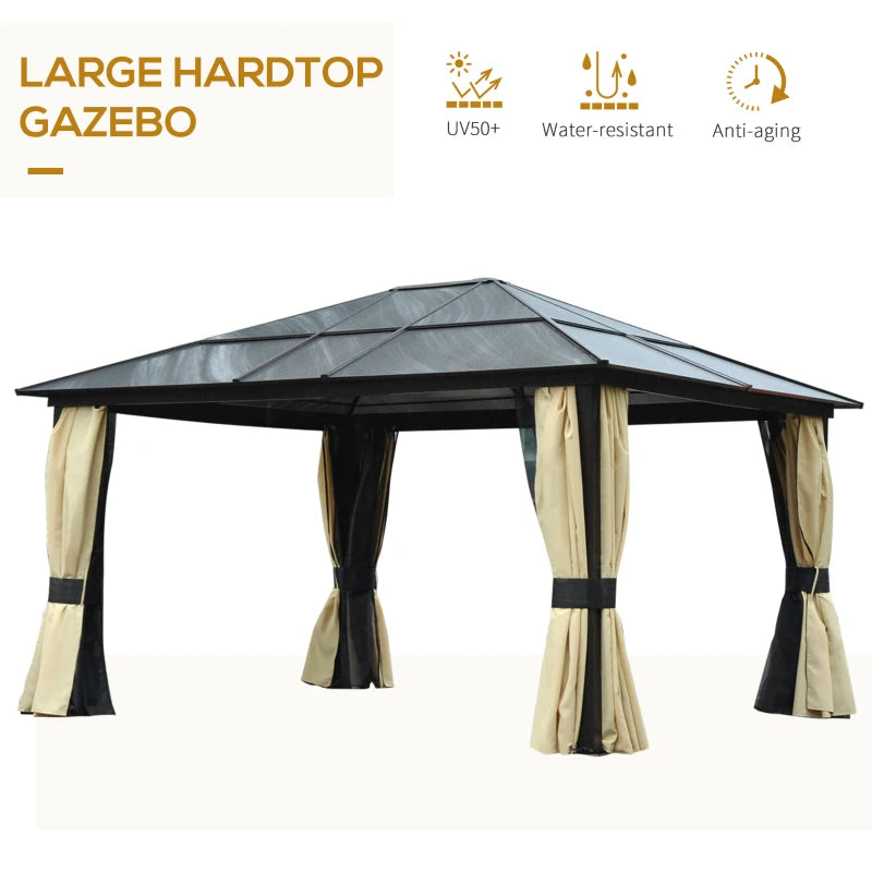 Outsunny 12' x 14' Hardtop Gazebo Canopy with Polycarbonate Roof, Aluminum Frame, Netting and Curtains, Brown