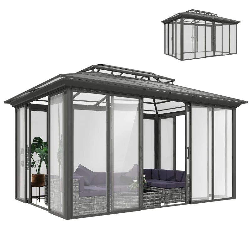 Outsunny Outsunny 12' x 14' Hardtop Gazebo Canopy with Polycarbonate Roof, Aluminum Frame, Netting and Curtains, Brown - Majic Backyard