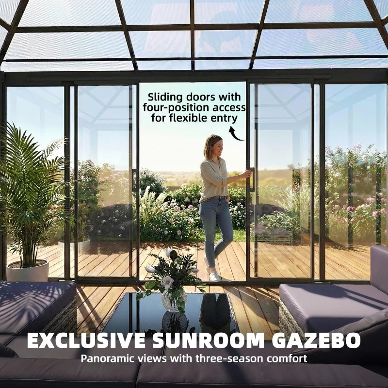 Outsunny Outsunny 12' x 14' Hardtop Gazebo Canopy with Polycarbonate Roof, Aluminum Frame, Netting and Curtains, Brown - Majic Backyard