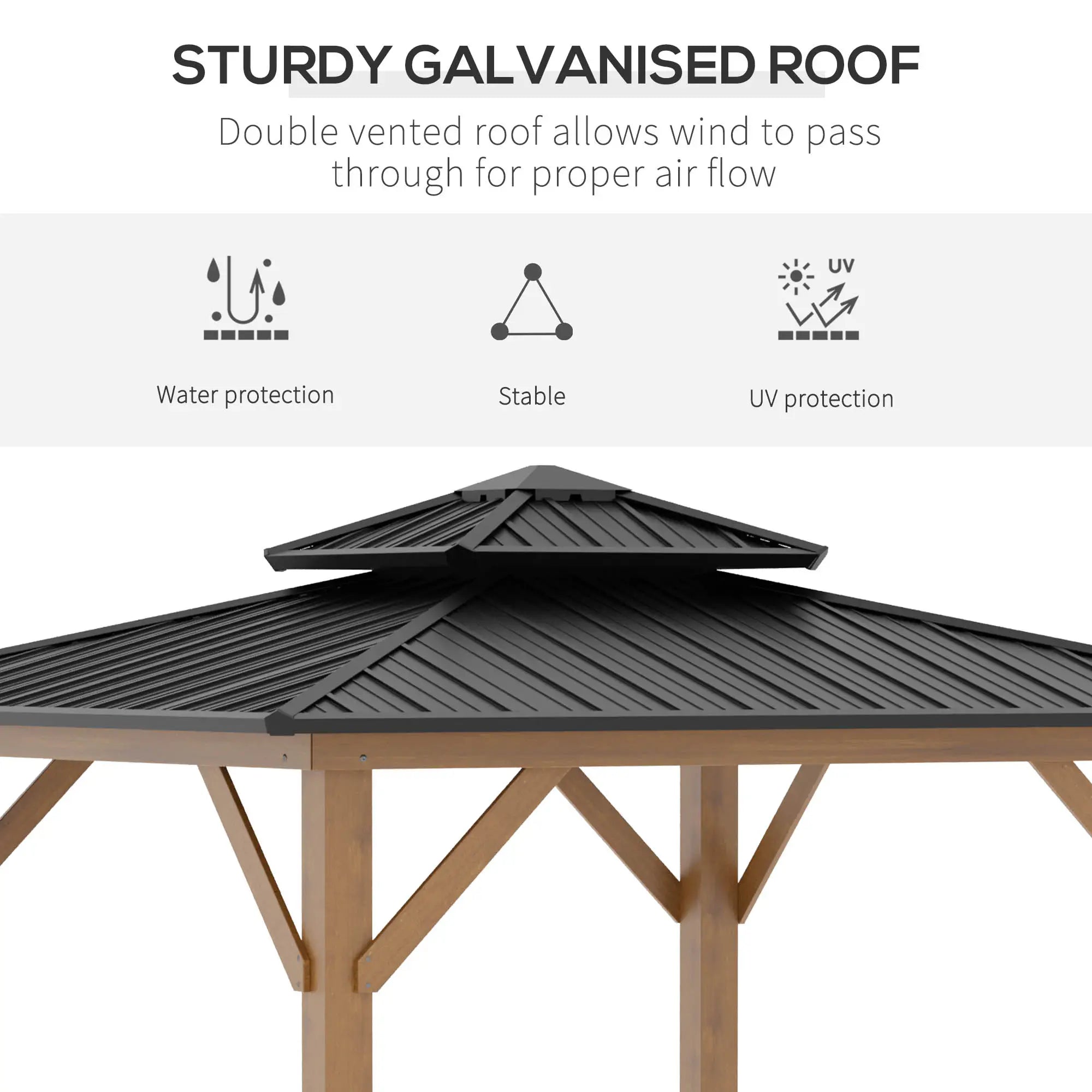 Outsunny 11' x 11' Wood Frame Hardtop Gazebo Galvanized Steel Canopy Outdoor Shelter with Double Vented Roof for Garden, Lawn, Poolside, Black - Majic Backyard