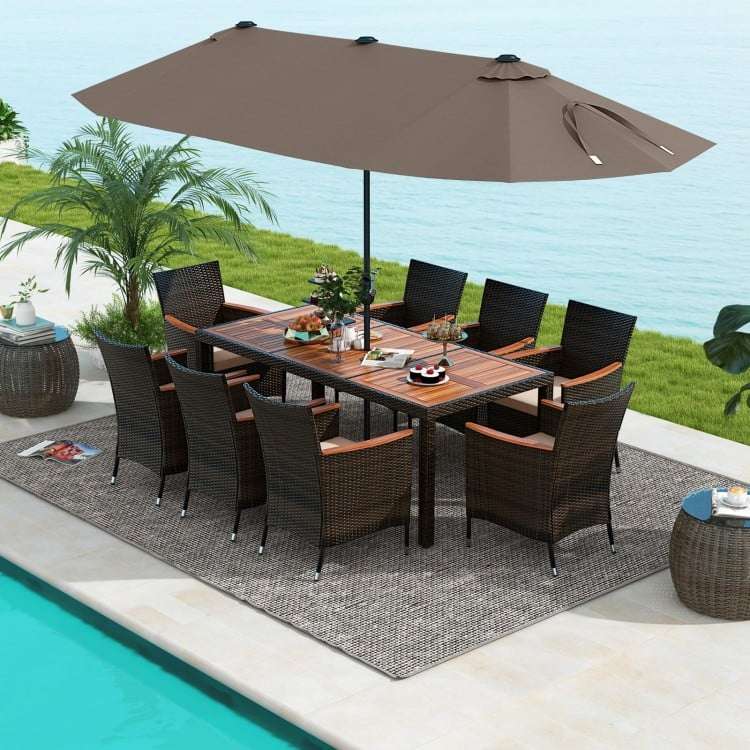 Costway 11 Pieces Patio Dining Set with 15 Feet Double-Sided Patio Umbrella and Base - Majic Backyard