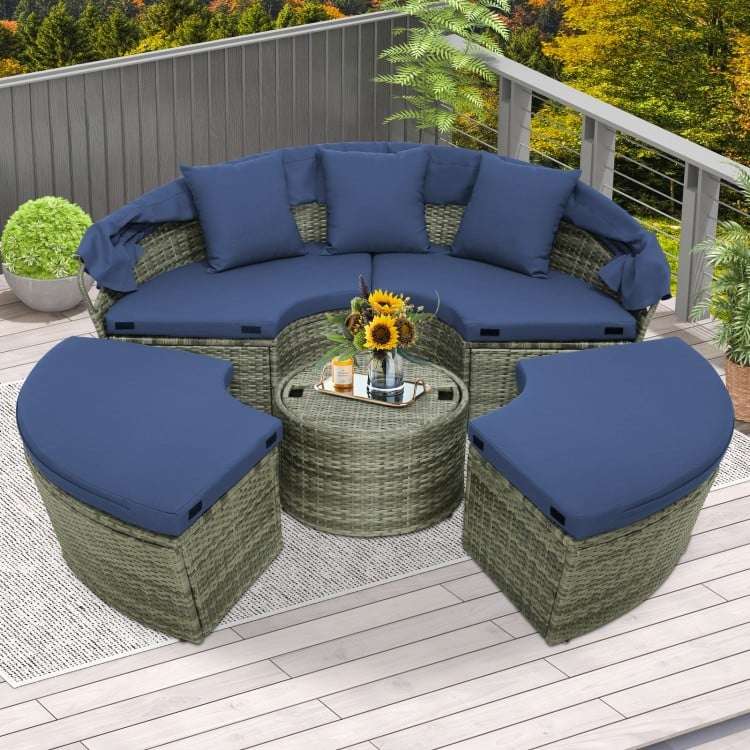 Costway Outdoor PE Wicker Round Daybed with Retractable Canopy and Cushions - Majic Backyard