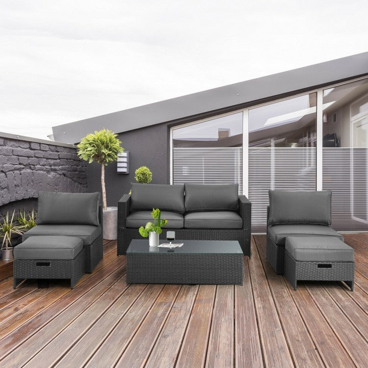 Costway 6 Pieces Patio Rattan Furniture Set with Glass Table and Cushioned Seat - Majic Backyard