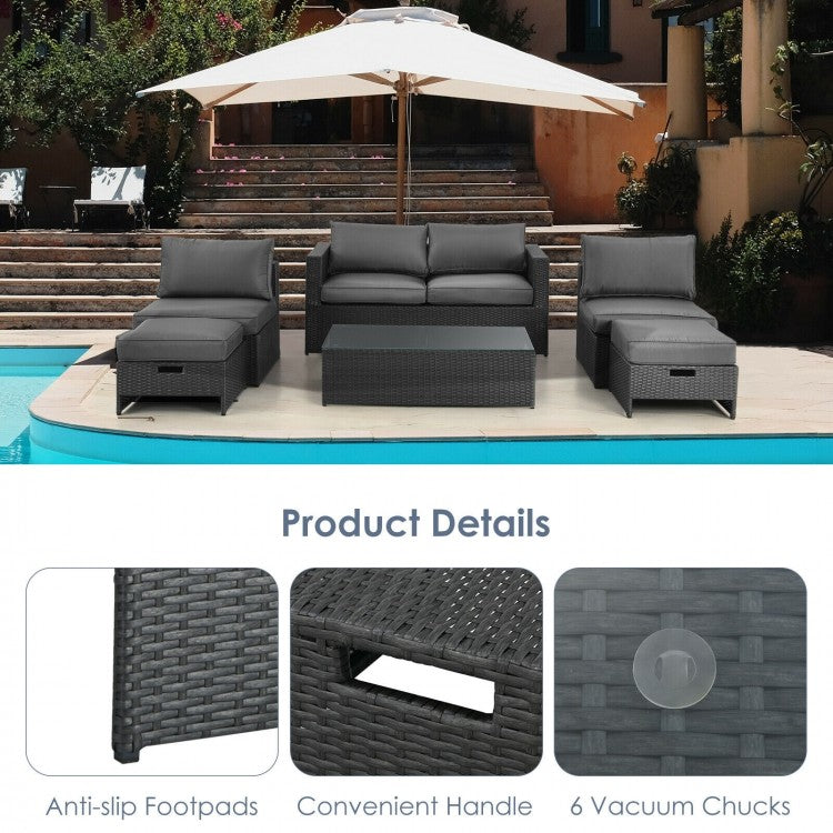 Costway 6 Pieces Patio Rattan Furniture Set with Glass Table and Cushioned Seat - Majic Backyard