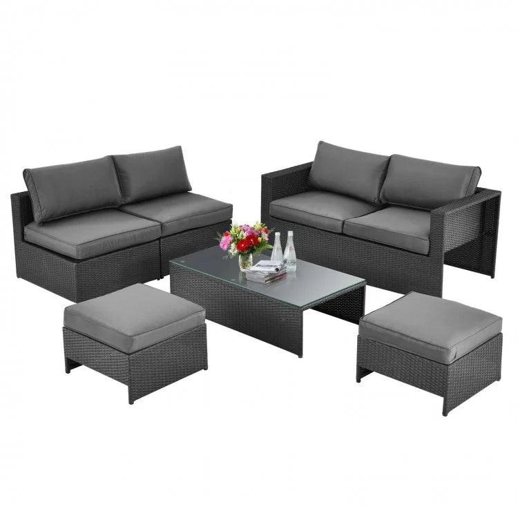Costway 6 Pieces Patio Rattan Furniture Set with Glass Table and Cushioned Seat - Majic Backyard