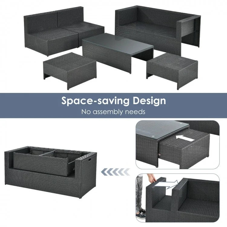 Costway 6 Pieces Patio Rattan Furniture Set with Glass Table and Cushioned Seat - Majic Backyard