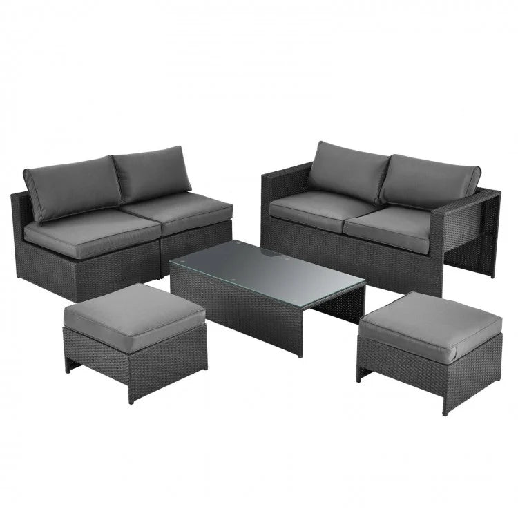 Costway 6 Pieces Patio Rattan Furniture Set with Glass Table and Cushioned Seat - Majic Backyard