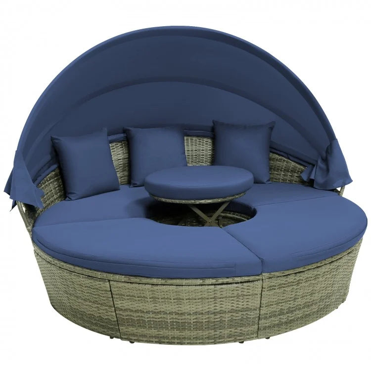 Costway Outdoor PE Wicker Round Daybed with Retractable Canopy and Cushions - Majic Backyard