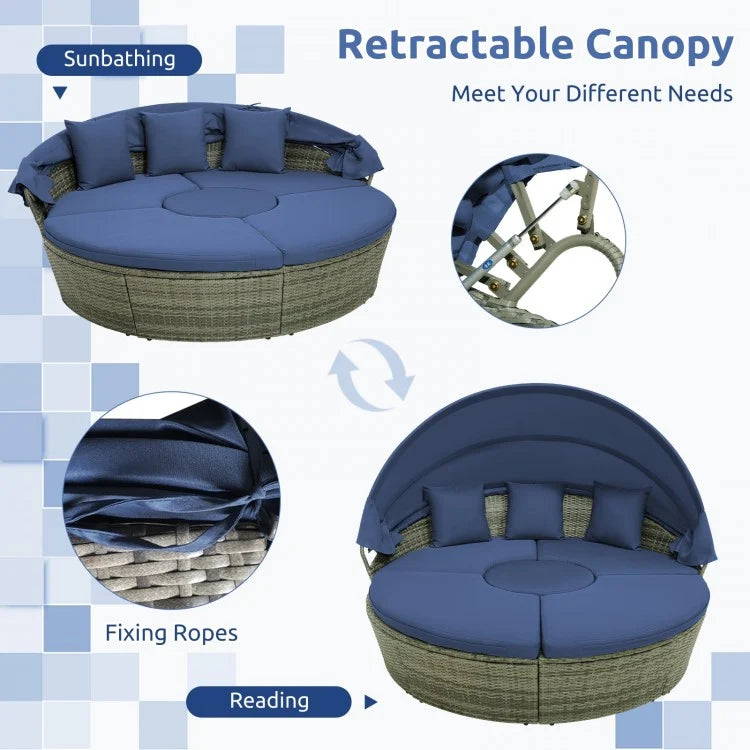 Costway Outdoor PE Wicker Round Daybed with Retractable Canopy and Cushions - Majic Backyard