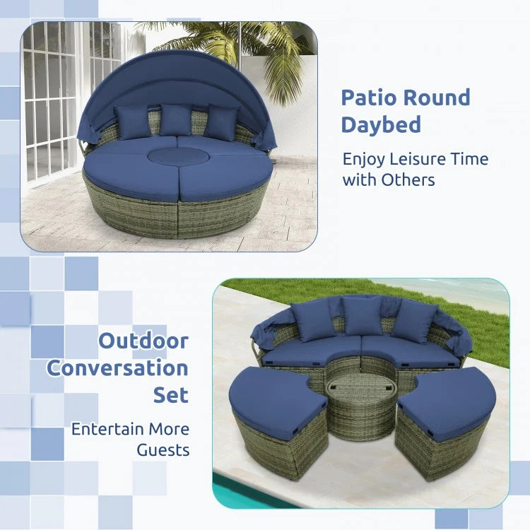 Costway Outdoor PE Wicker Round Daybed with Retractable Canopy and Cushions - Majic Backyard