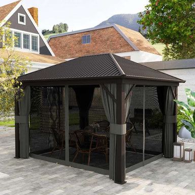 Outsunny 10' x 12' Outdoor Hardtop Gazebo Metal Roof Patio Gazebo with Aluminum Frame, Mesh Nettings, Dark Grey - Majic Backyard