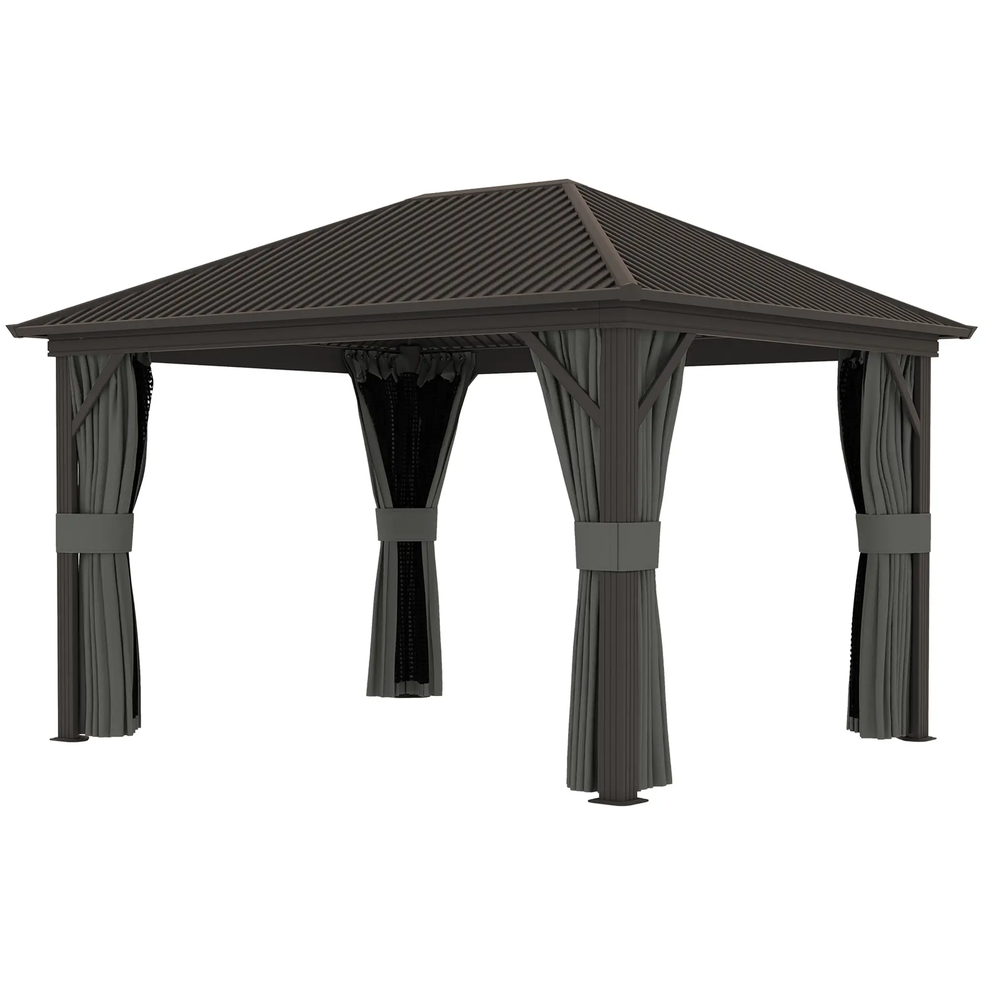 Outsunny 10' x 12' Outdoor Hardtop Gazebo Metal Roof Patio Gazebo with Aluminum Frame, Mesh Nettings, Dark Grey - Majic Backyard