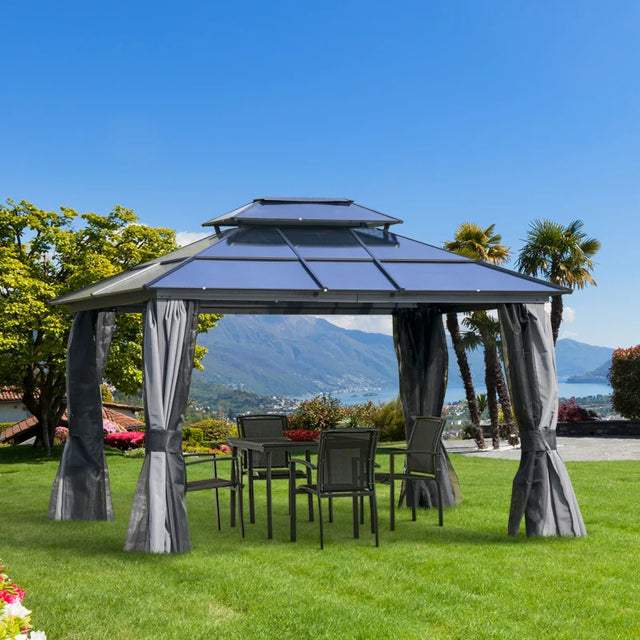 Hardtop gazebo with double-tier metal roof and mesh curtains on a backyard lawn