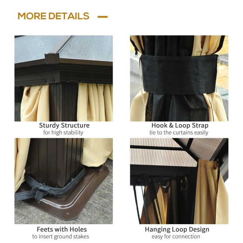 Outsunny 12' x 14' Hardtop Gazebo Canopy with Polycarbonate Roof, Aluminum Frame, Netting and Curtains, Brown