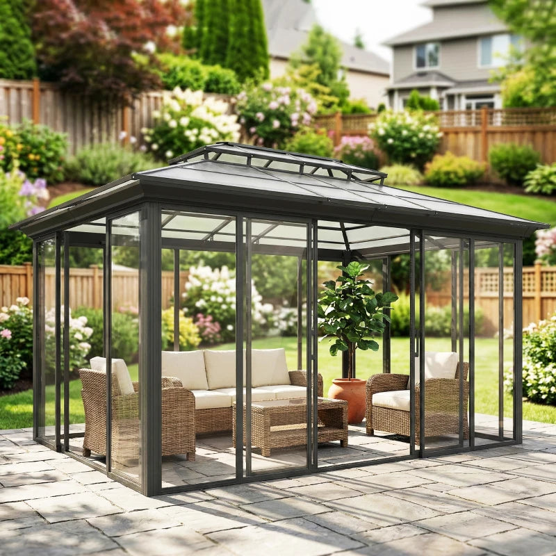 Outsunny Outsunny 12' x 14' Hardtop Gazebo Canopy with Polycarbonate Roof, Aluminum Frame, Netting and Curtains, Brown - Majic Backyard