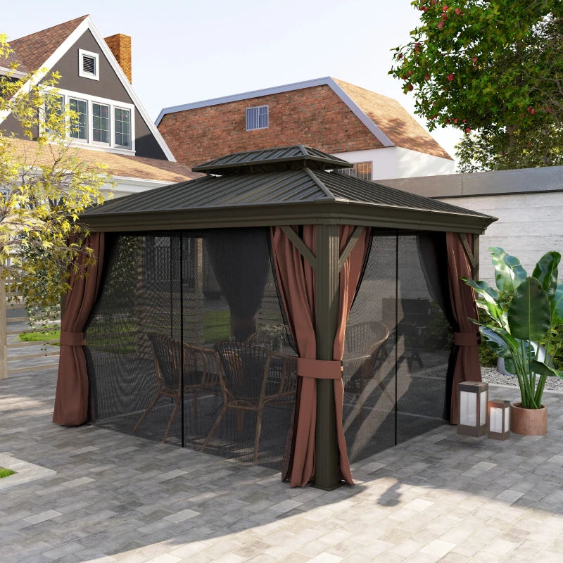Outsunny 10' x 12' Outdoor Hardtop Gazebo with Galvanized Canopy & Netting Sidewalls for Lawn, Backyard - Majic Backyard