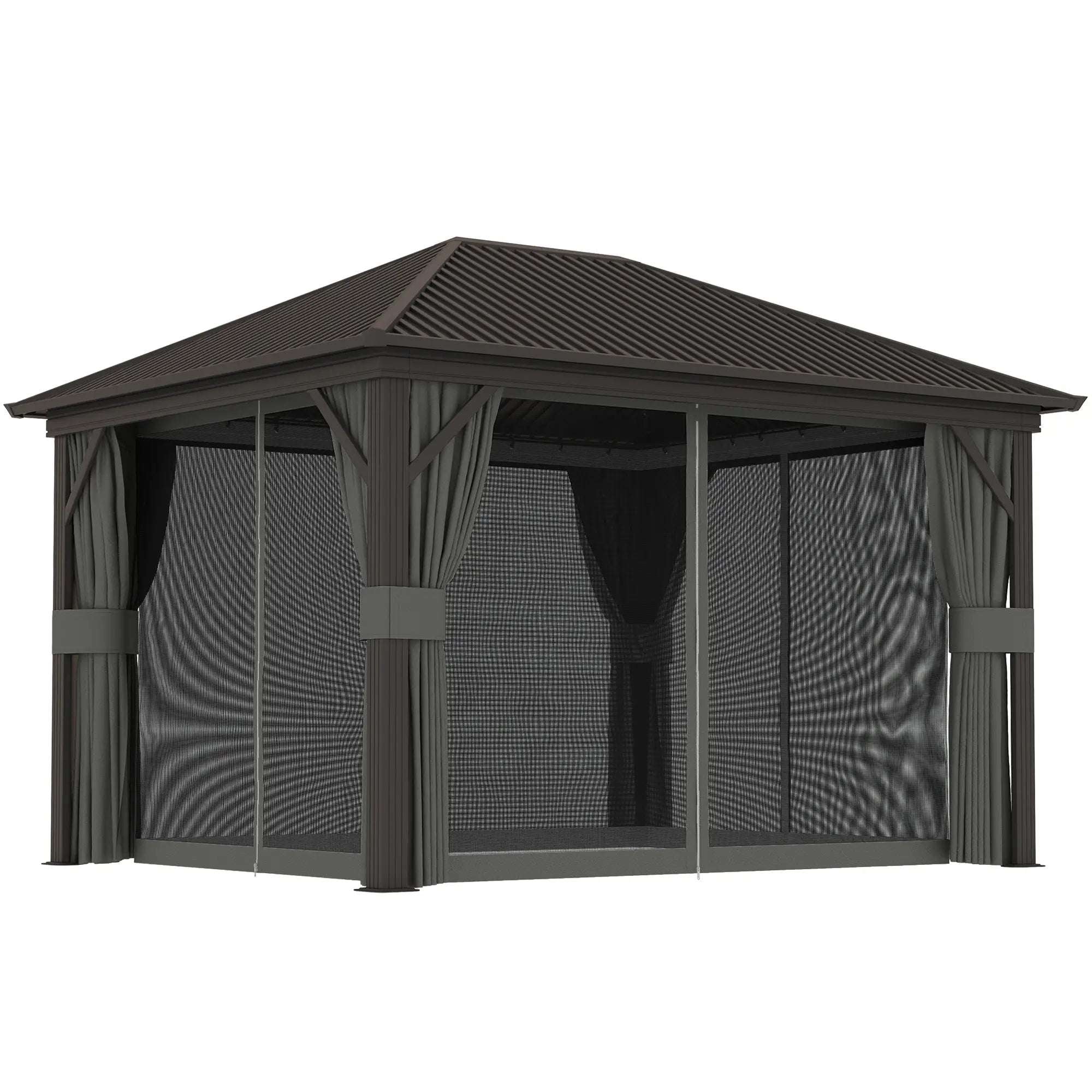 Outsunny 10' x 12' Outdoor Hardtop Gazebo Metal Roof Patio Gazebo with Aluminum Frame, Mesh Nettings, Dark Grey - Majic Backyard