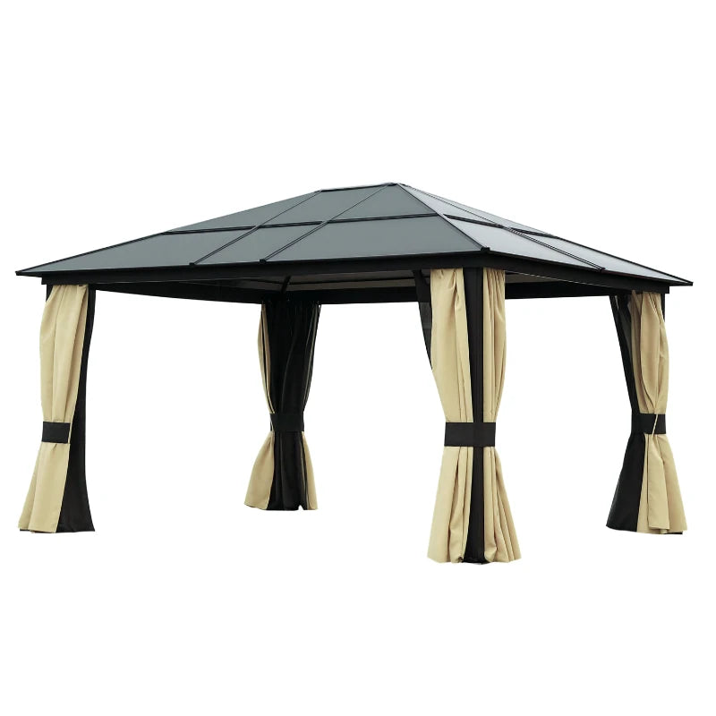 Outsunny 12' x 14' Hardtop Gazebo Canopy with Polycarbonate Roof, Aluminum Frame, Netting and Curtains, Brown