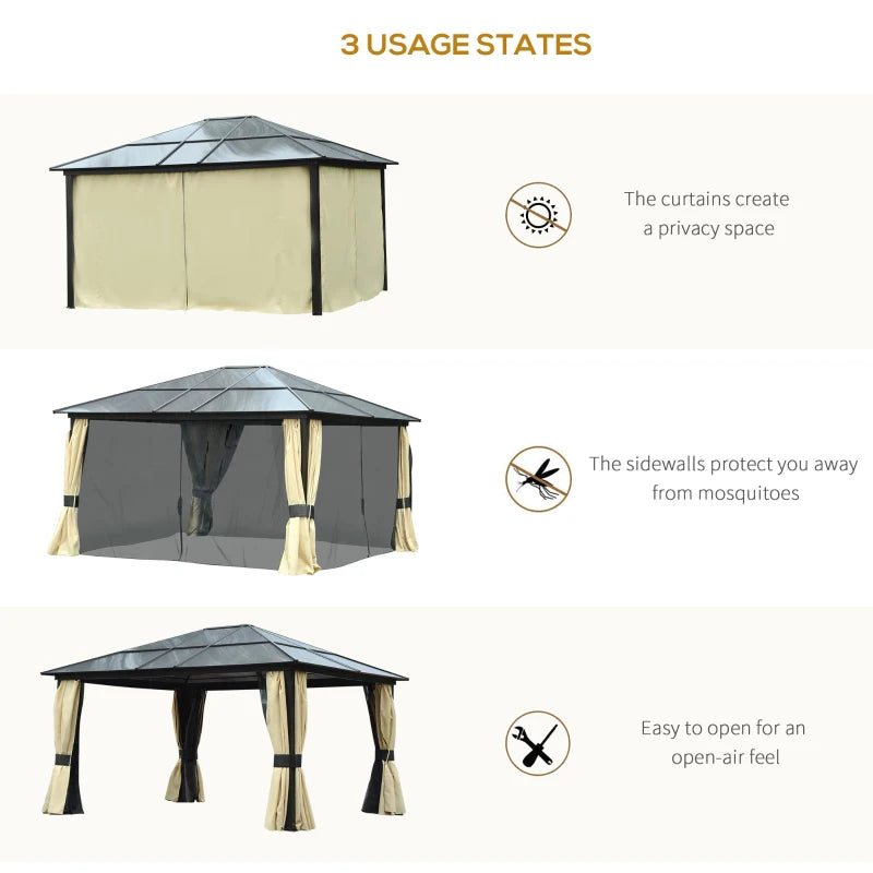 Outsunny 12' x 14' Hardtop Gazebo Canopy with Polycarbonate Roof, Aluminum Frame, Netting and Curtains, Brown
